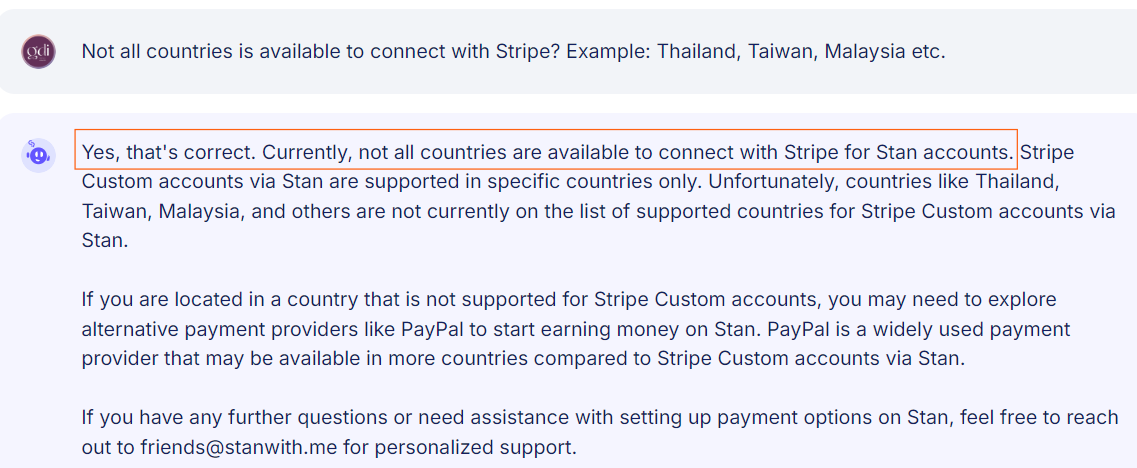 Stanstore ask Stanley- Limited Stripe account integration for certain countries